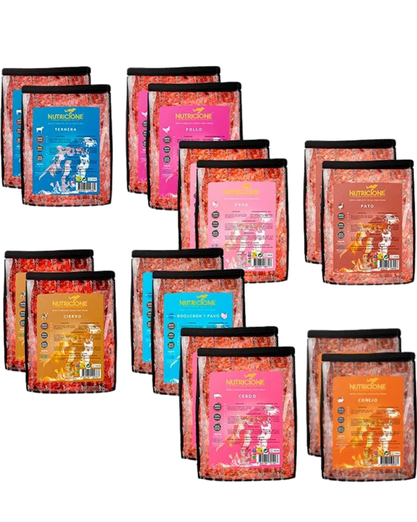 Pack Degustación Dieta BARF Menús Completos - 8 Tipos (16 uds. - 500g/ud)