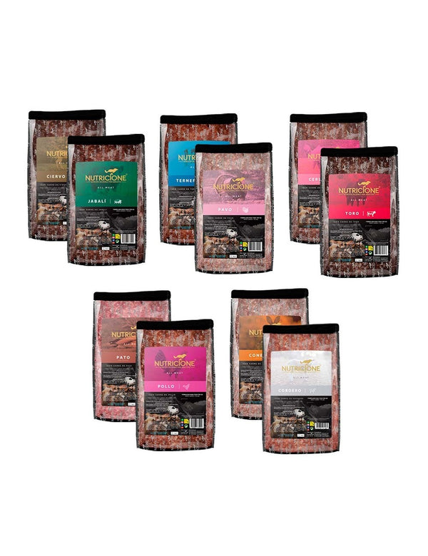 Pack Degustación Dieta BARF | Todo Carne | 10 Tipos (10 uds. - 1Kg/ud)